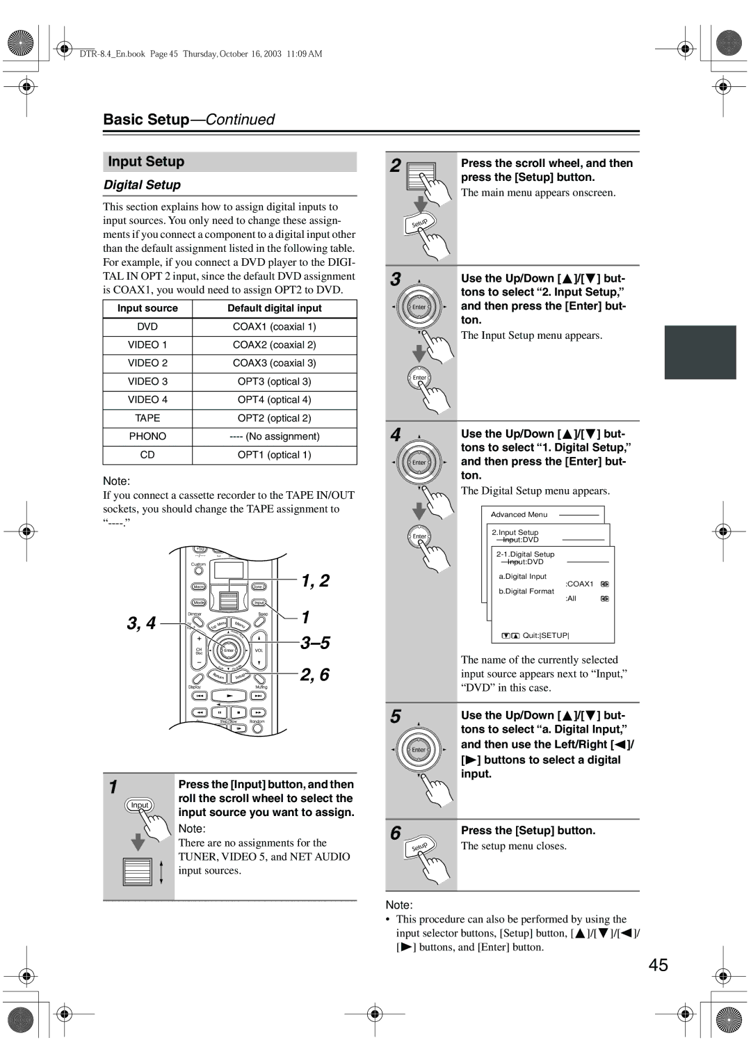 Integra DTR-8.4 Input Setup, Digital Setup, Roll the scroll wheel to select, Input source you want to assign 