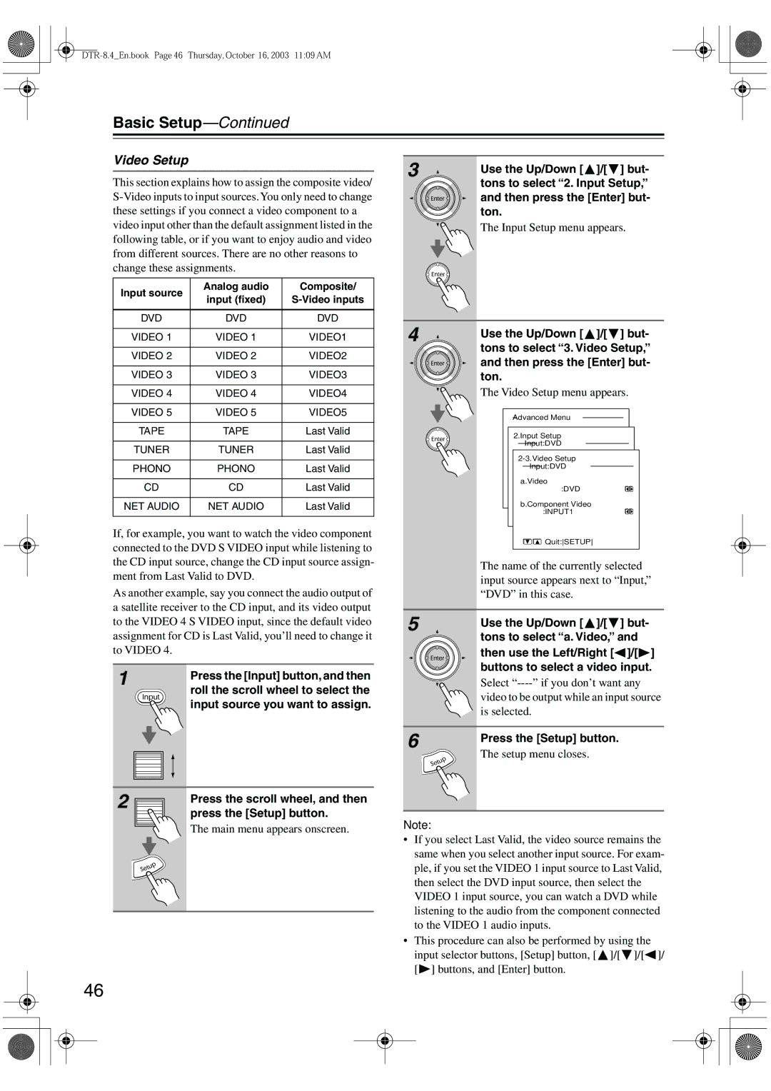 Integra DTR-8.4 instruction manual Video Setup menu appears, Name of the currently selected, DVD in this case 