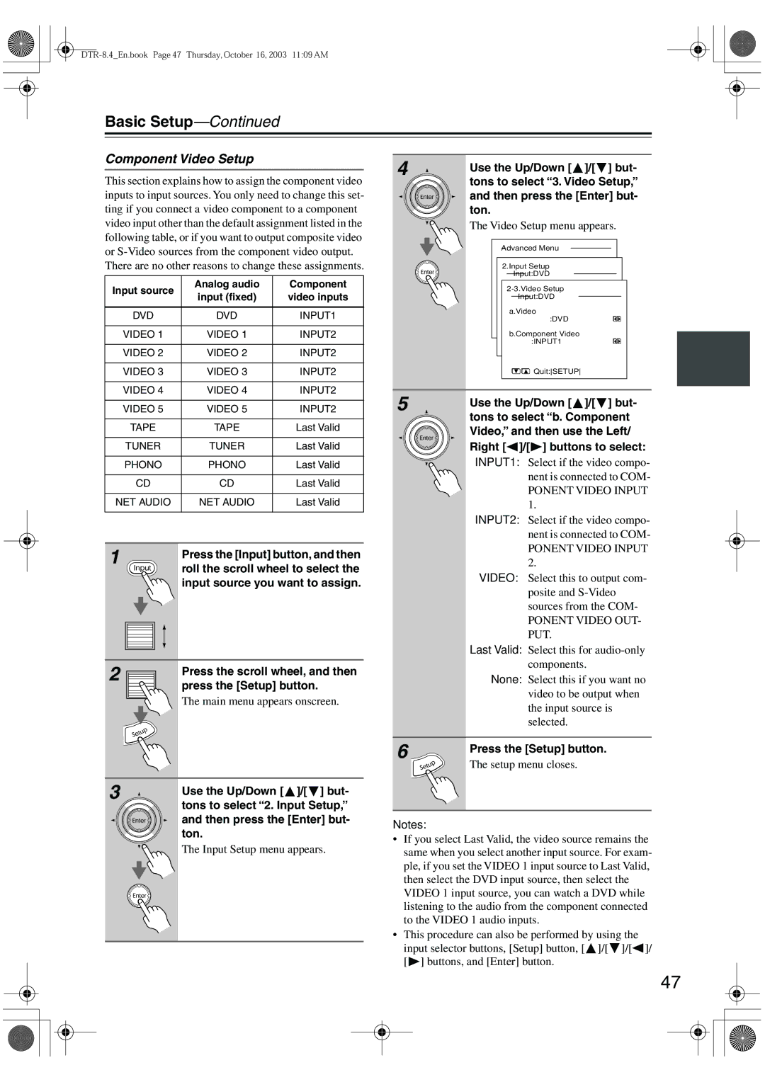 Integra DTR-8.4 instruction manual Component Video Setup, Ton, Video Setup menu appears 