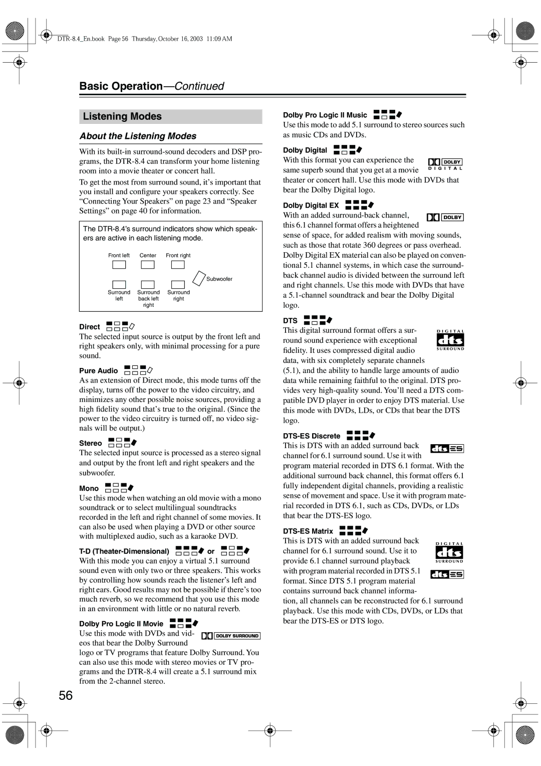 Integra DTR-8.4 instruction manual About the Listening Modes 