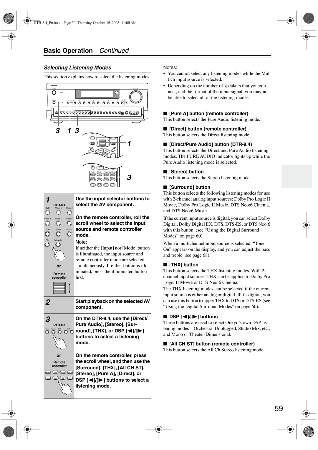 Integra DTR-8.4 instruction manual Selecting Listening Modes 