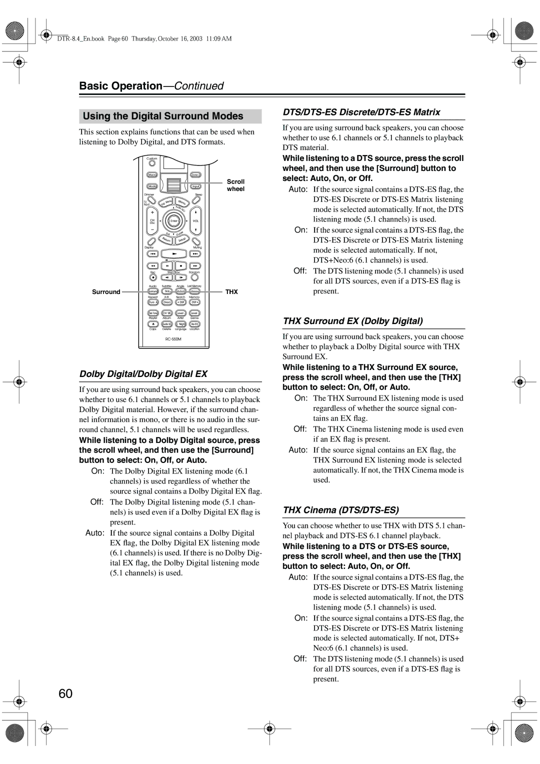 Integra DTR-8.4 Using the Digital Surround Modes, Dolby Digital/Dolby Digital EX, DTS/DTS-ES Discrete/DTS-ES Matrix 