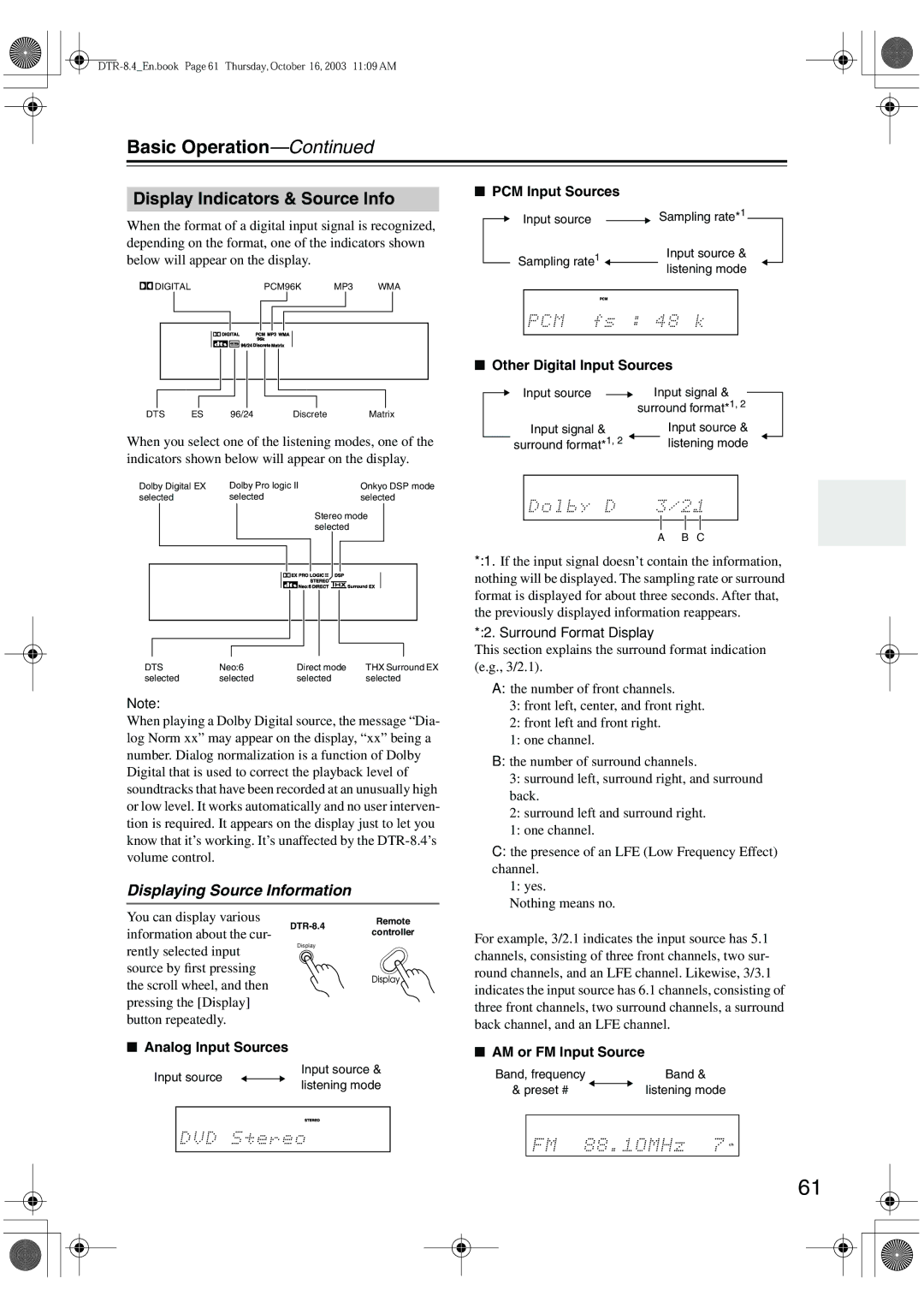 Integra DTR-8.4 instruction manual Display Indicators & Source Info, Displaying Source Information 