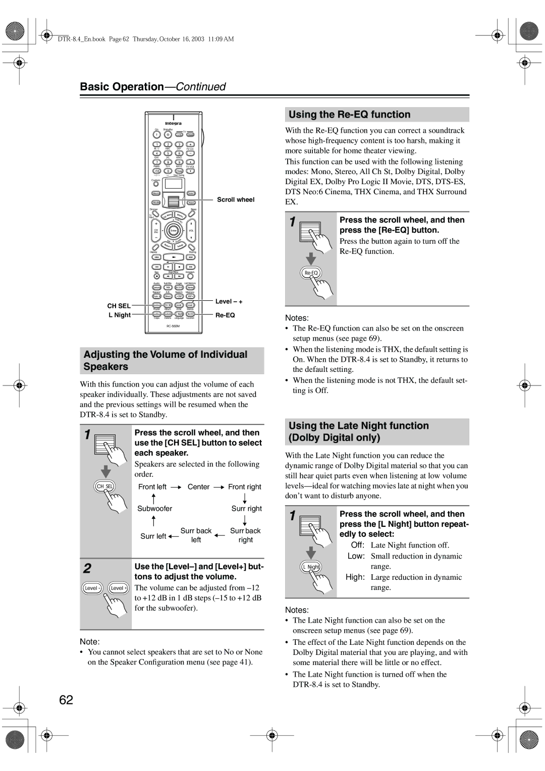 Integra DTR-8.4 instruction manual Adjusting the Volume of Individual Speakers, Using the Re-EQ function 