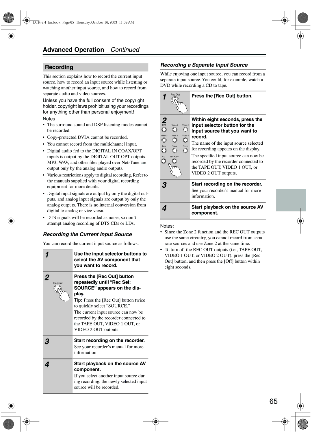 Integra DTR-8.4 instruction manual Recording a Separate Input Source, Recording the Current Input Source 