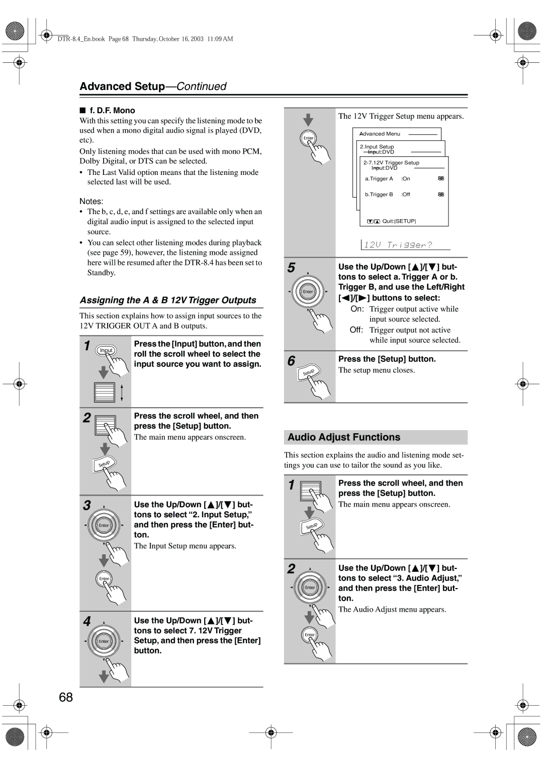 Integra DTR-8.4 instruction manual Advanced Setup, Audio Adjust Functions, Assigning the a & B 12V Trigger Outputs, F. Mono 