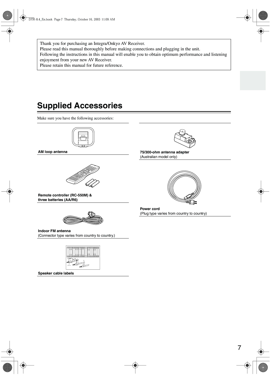 Integra DTR-8.4 instruction manual Supplied Accessories, Make sure you have the following accessories, Power cord 