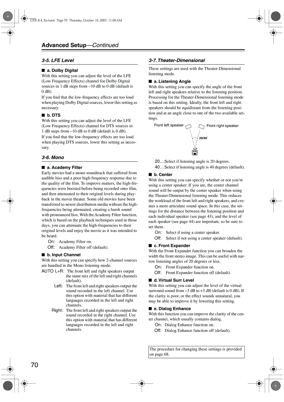 Integra DTR-8.4 instruction manual LFE Level, Theater-Dimensional, Mono 