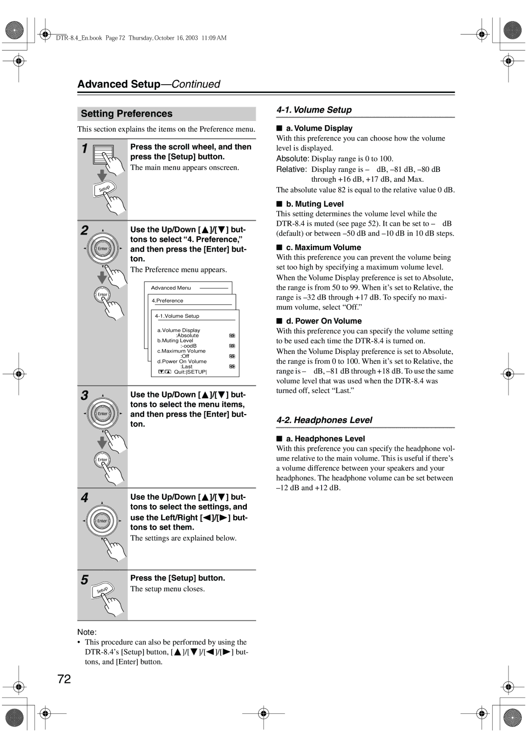 Integra DTR-8.4 instruction manual Setting Preferences, Volume Setup, Headphones Level 