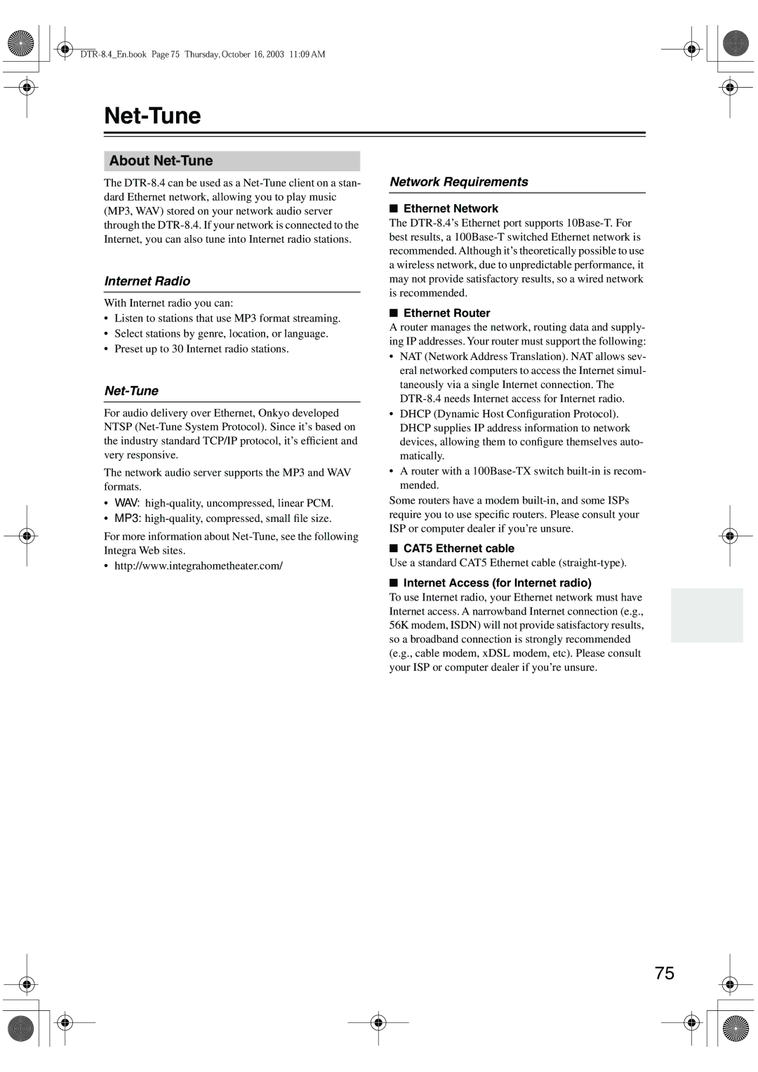 Integra DTR-8.4 instruction manual About Net-Tune, Internet Radio, Network Requirements 