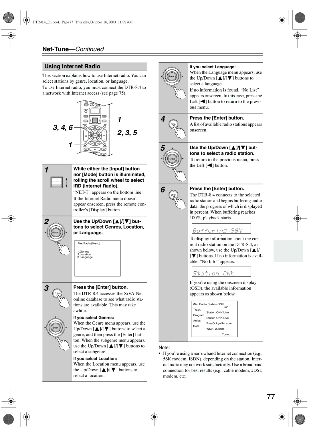 Integra DTR-8.4 Using Internet Radio, Press the Enter button, Tons to select Genres, Location, Or Language 