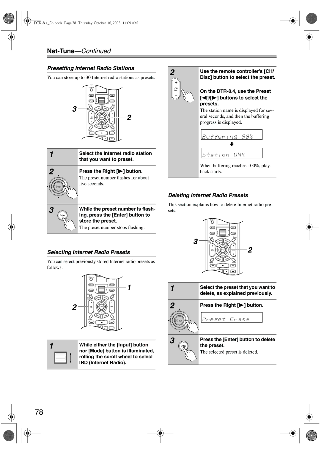 Integra DTR-8.4 Presetting Internet Radio Stations, Selecting Internet Radio Presets, Deleting Internet Radio Presets 