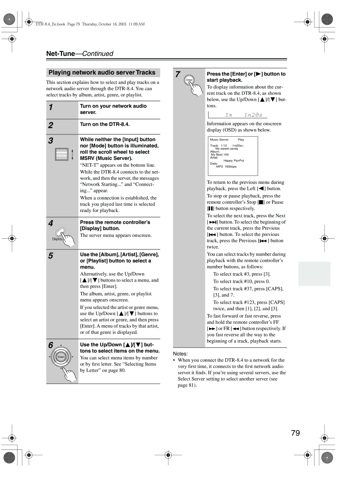 Integra DTR-8.4 instruction manual Playing network audio server Tracks 