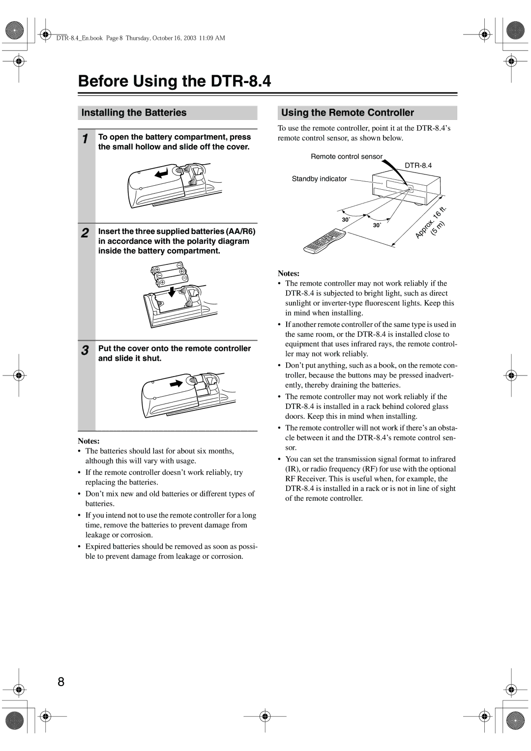 Integra instruction manual Before Using the DTR-8.4, Installing the Batteries, Using the Remote Controller 