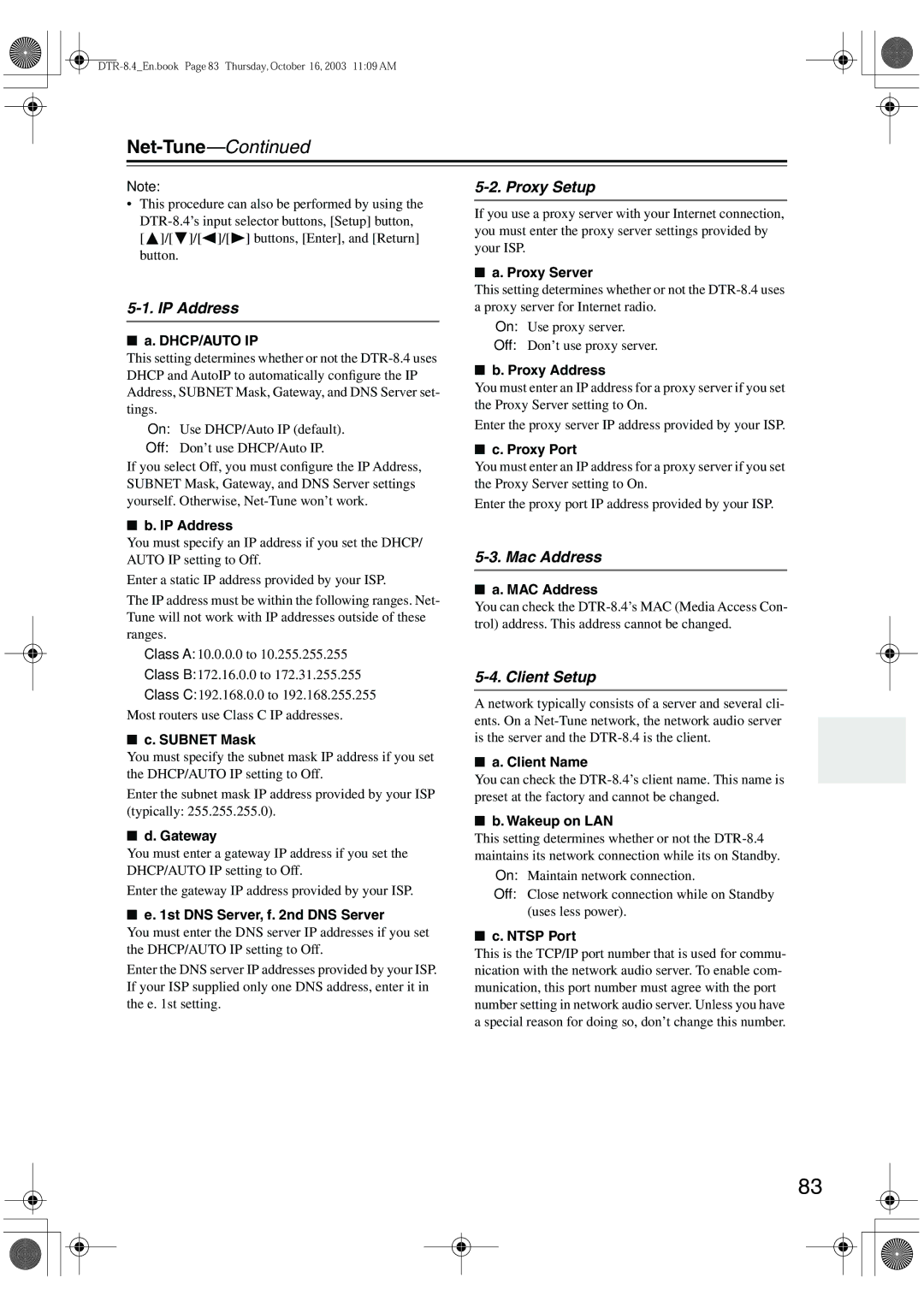 Integra DTR-8.4 instruction manual IP Address, Proxy Setup, Mac Address, Client Setup 