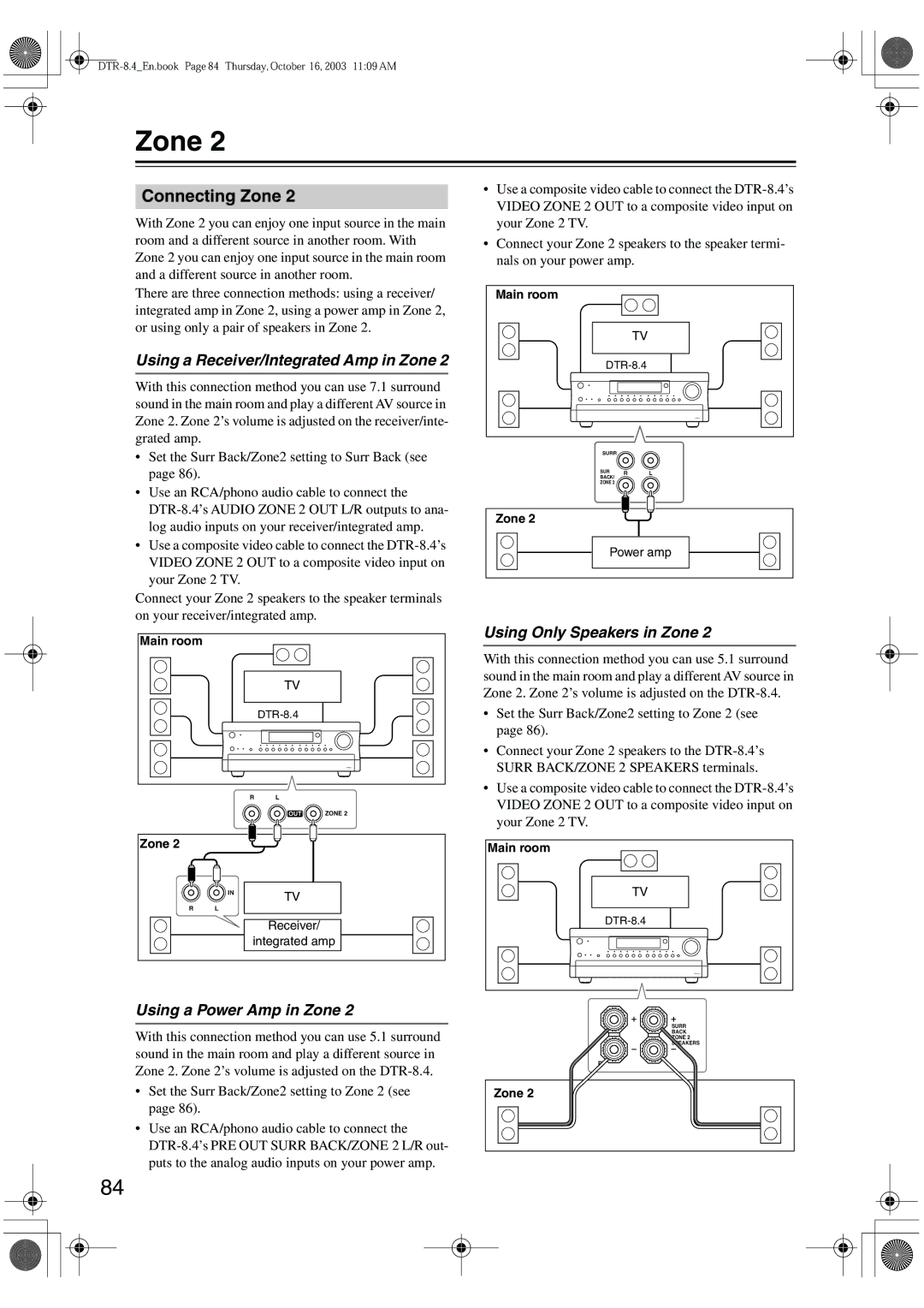 Integra DTR-8.4 Connecting Zone, Using a Receiver/Integrated Amp in Zone, Using Only Speakers in Zone 