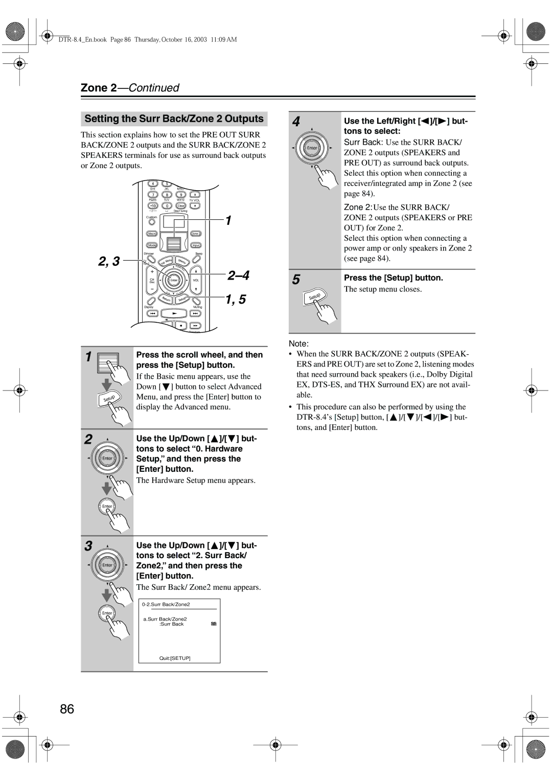 Integra DTR-8.4 instruction manual Setting the Surr Back/Zone 2 Outputs, Tons to select 2. Surr Back, Zone2, and then press 