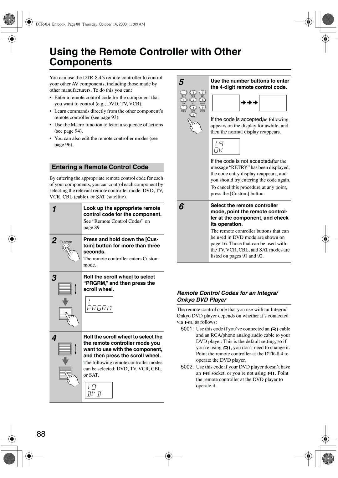 Integra DTR-8.4 instruction manual Using the Remote Controller with Other Components, Entering a Remote Control Code 