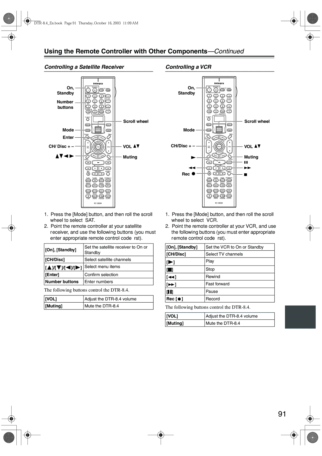 Integra instruction manual Controlling a Satellite Receiver Controlling a VCR, Following buttons control the DTR-8.4 