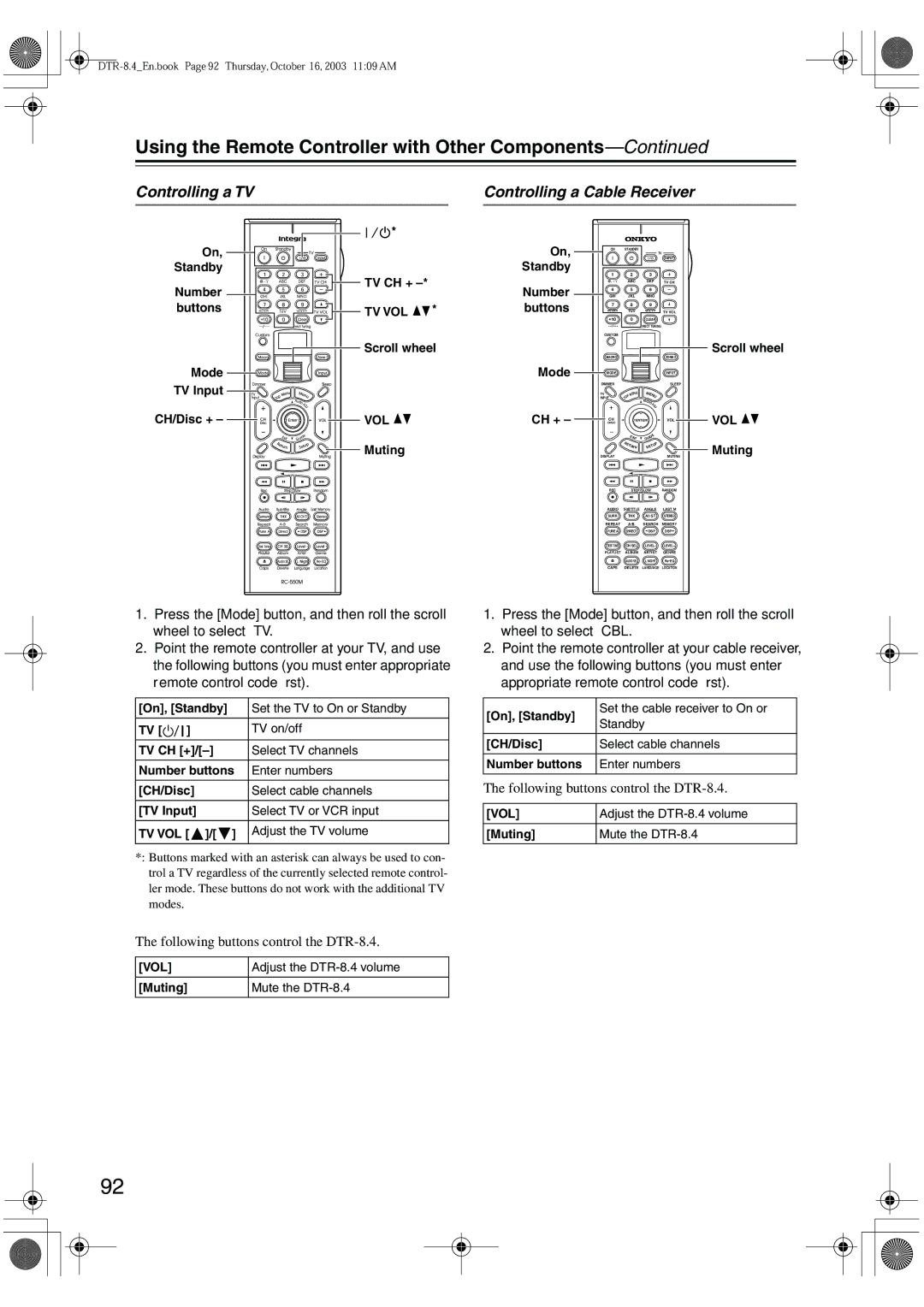 Integra DTR-8.4 instruction manual Controlling a TV, Controlling a Cable Receiver 