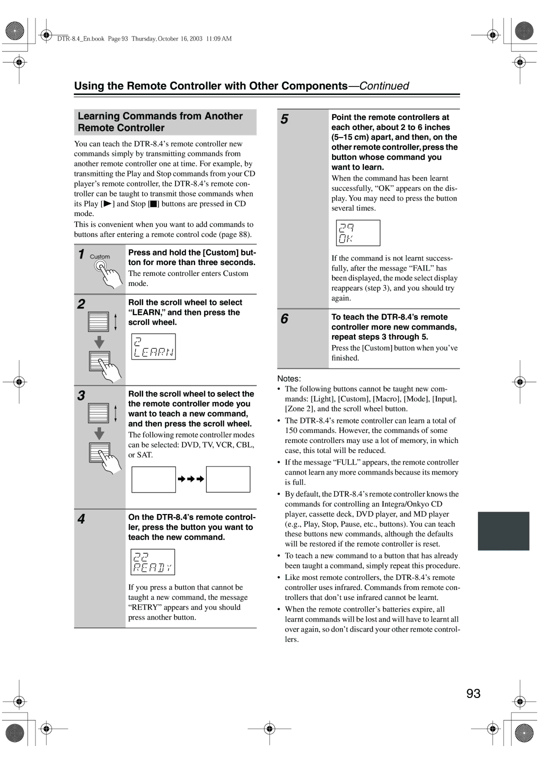 Integra DTR-8.4 instruction manual Learning Commands from Another Remote Controller 