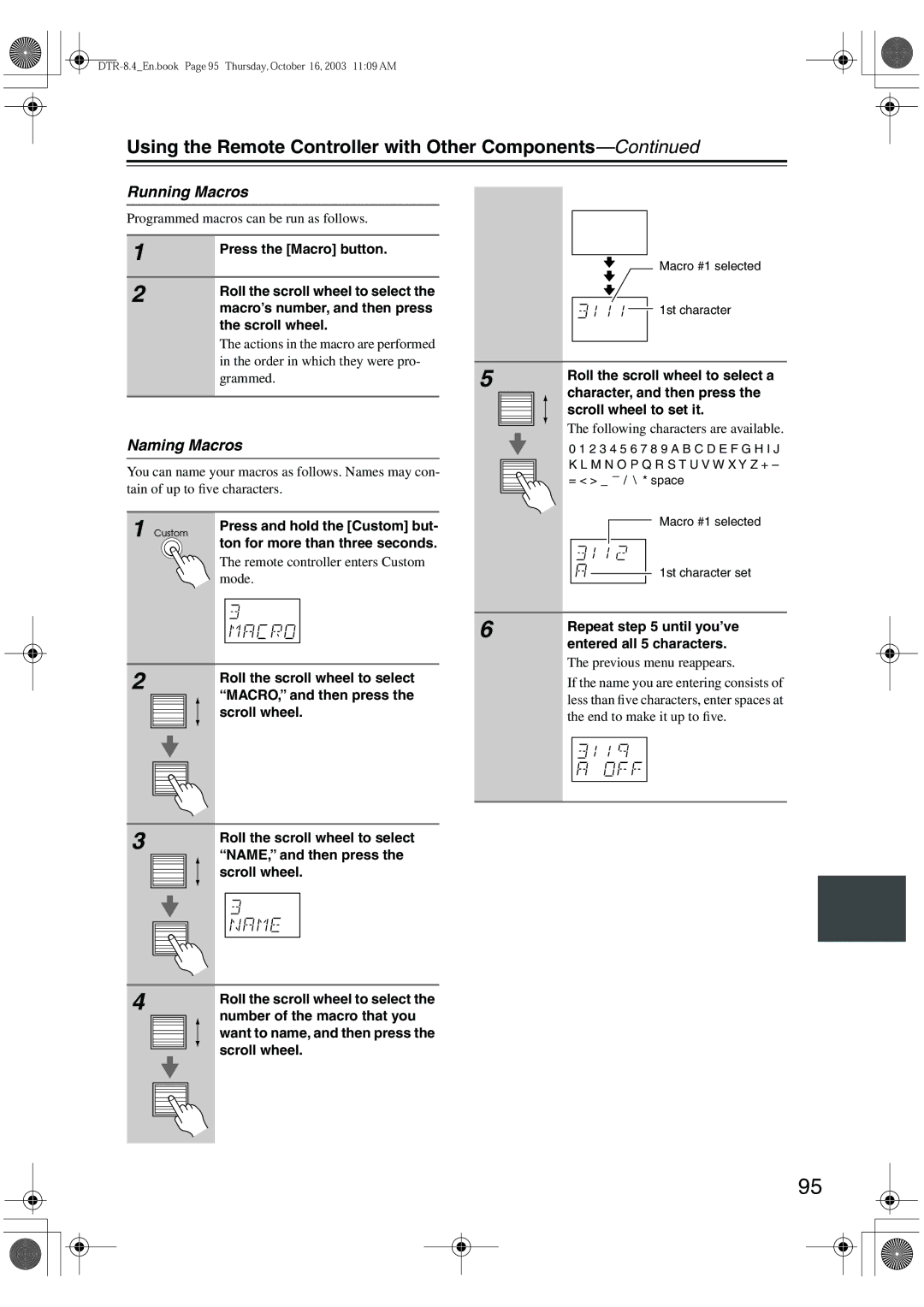 Integra DTR-8.4 instruction manual Running Macros, Naming Macros 