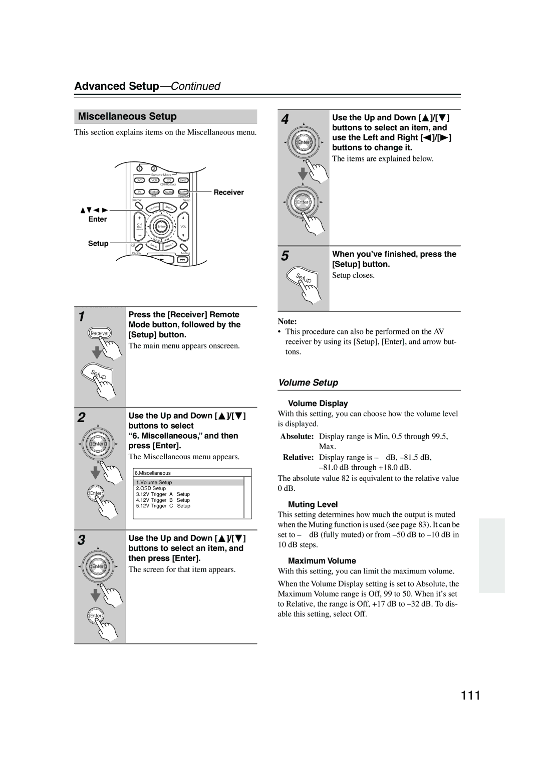 Integra DTR-8.8 instruction manual 111, Miscellaneous Setup, Volume Setup, Volume Display, Maximum Volume 