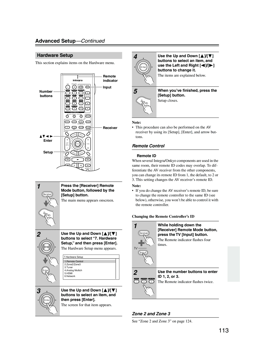 Integra DTR-8.8 instruction manual 113, Hardware Setup, Remote Control, Zone 2 and Zone 