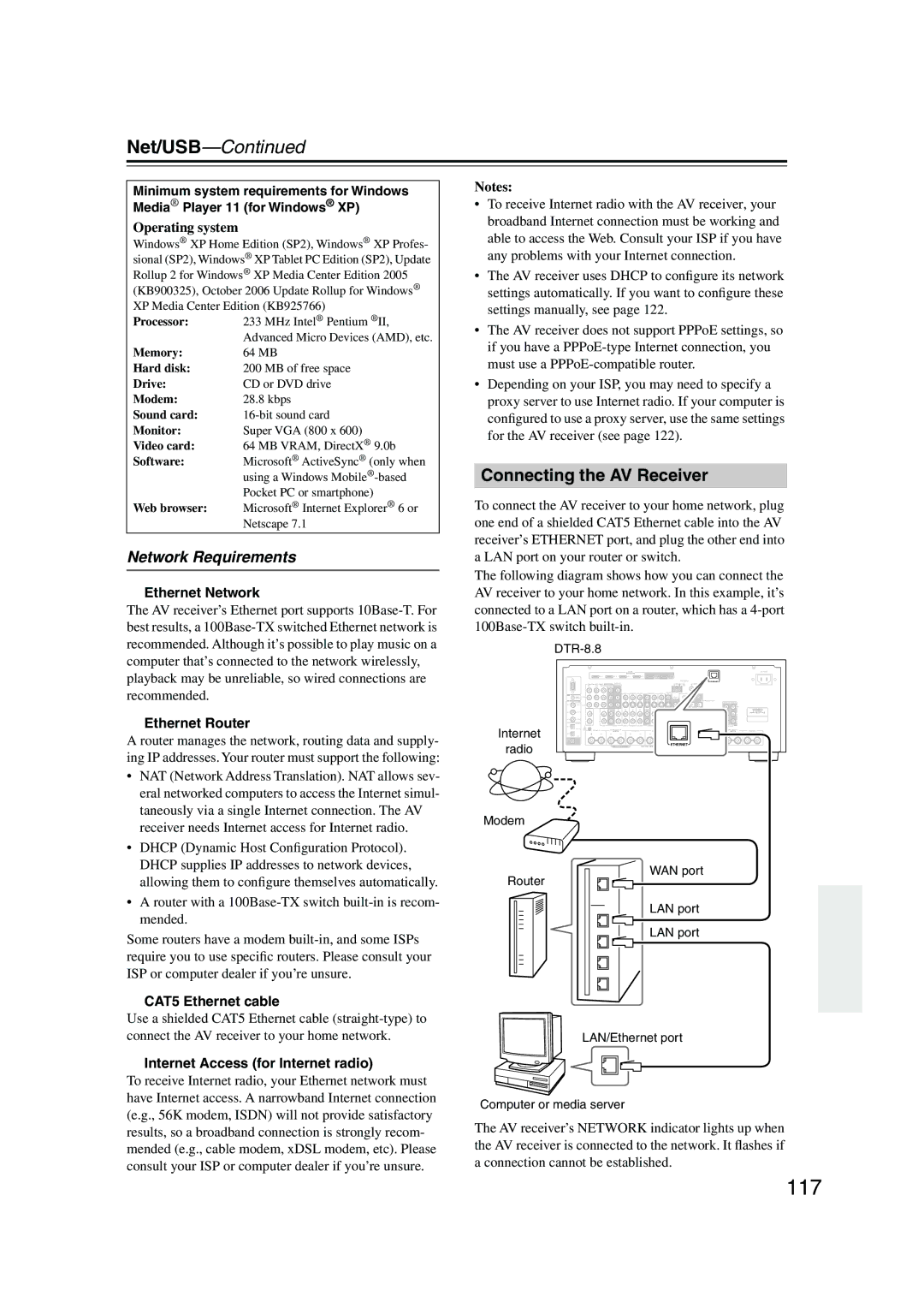 Integra DTR-8.8 instruction manual 117, Connecting the AV Receiver, Network Requirements 