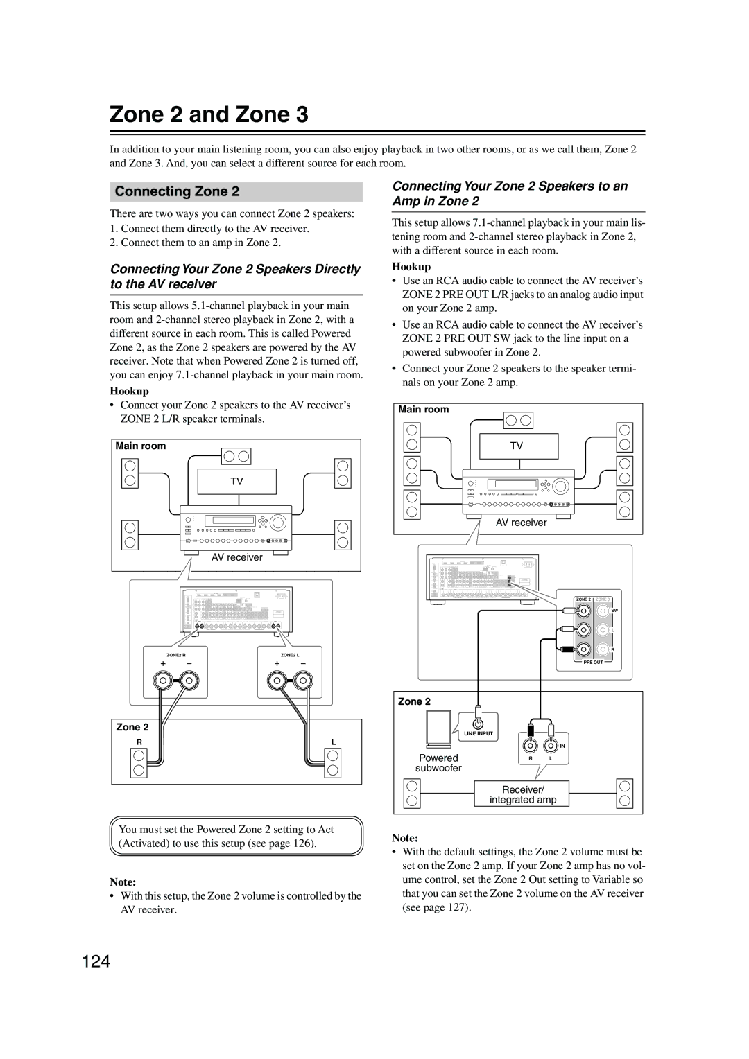 Integra DTR-8.8 Zone 2 and Zone, 124, Connecting Zone, Connecting Your Zone 2 Speakers Directly to the AV receiver 