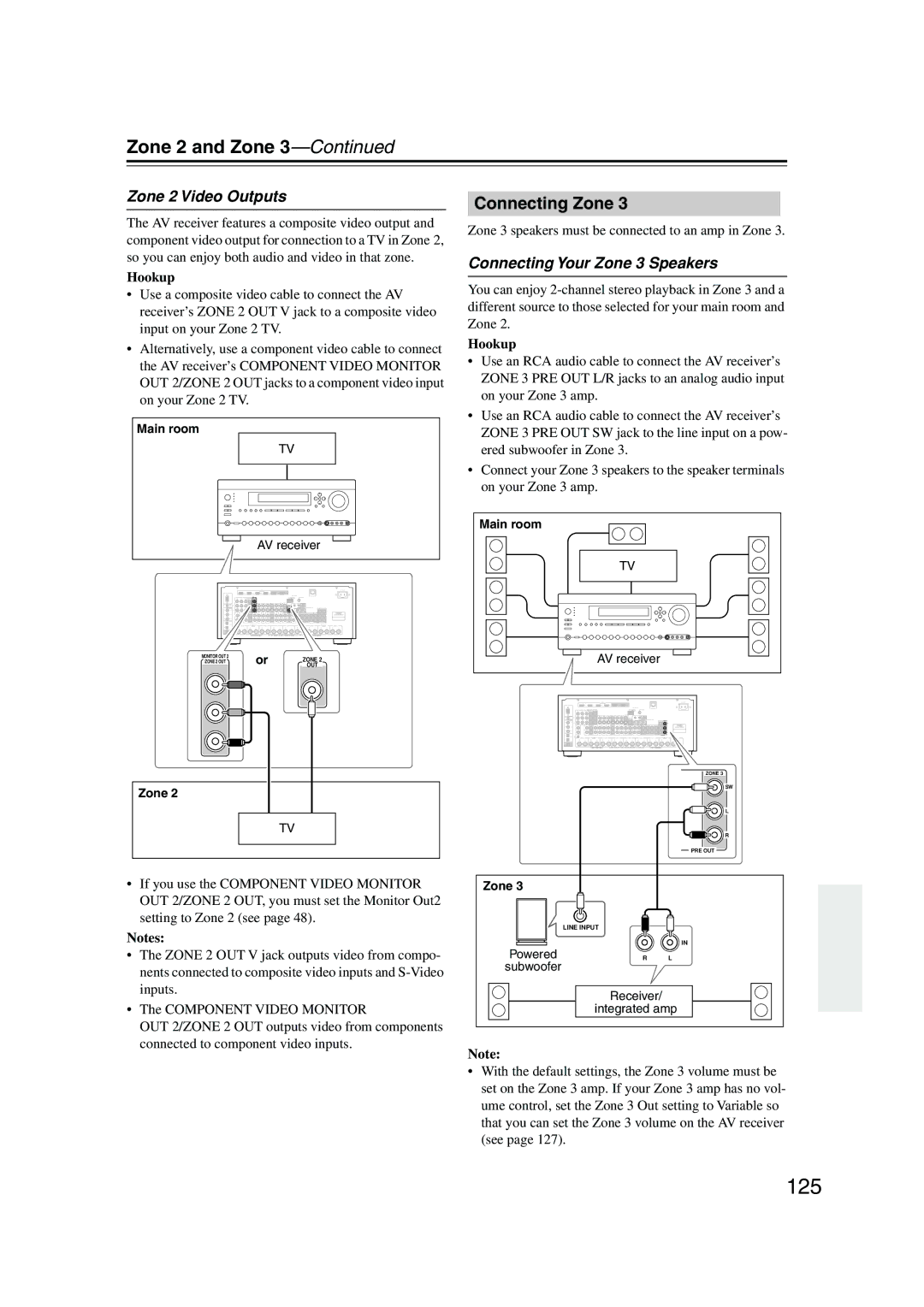 Integra DTR-8.8 instruction manual 125, Zone 2 and Zone, Zone 2 Video Outputs, Connecting Your Zone 3 Speakers 