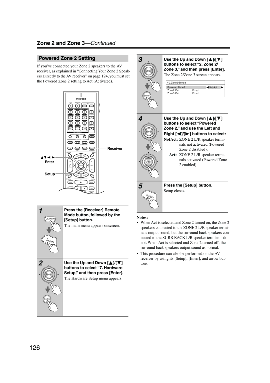 Integra DTR-8.8 instruction manual 126, Powered Zone 2 Setting, Buttons to select Powered, Zone 2, and use the Left 