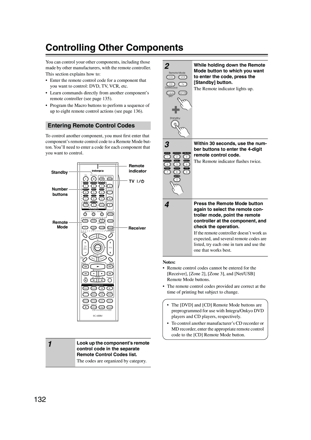 Integra DTR-8.8 instruction manual Controlling Other Components, 132, Entering Remote Control Codes 