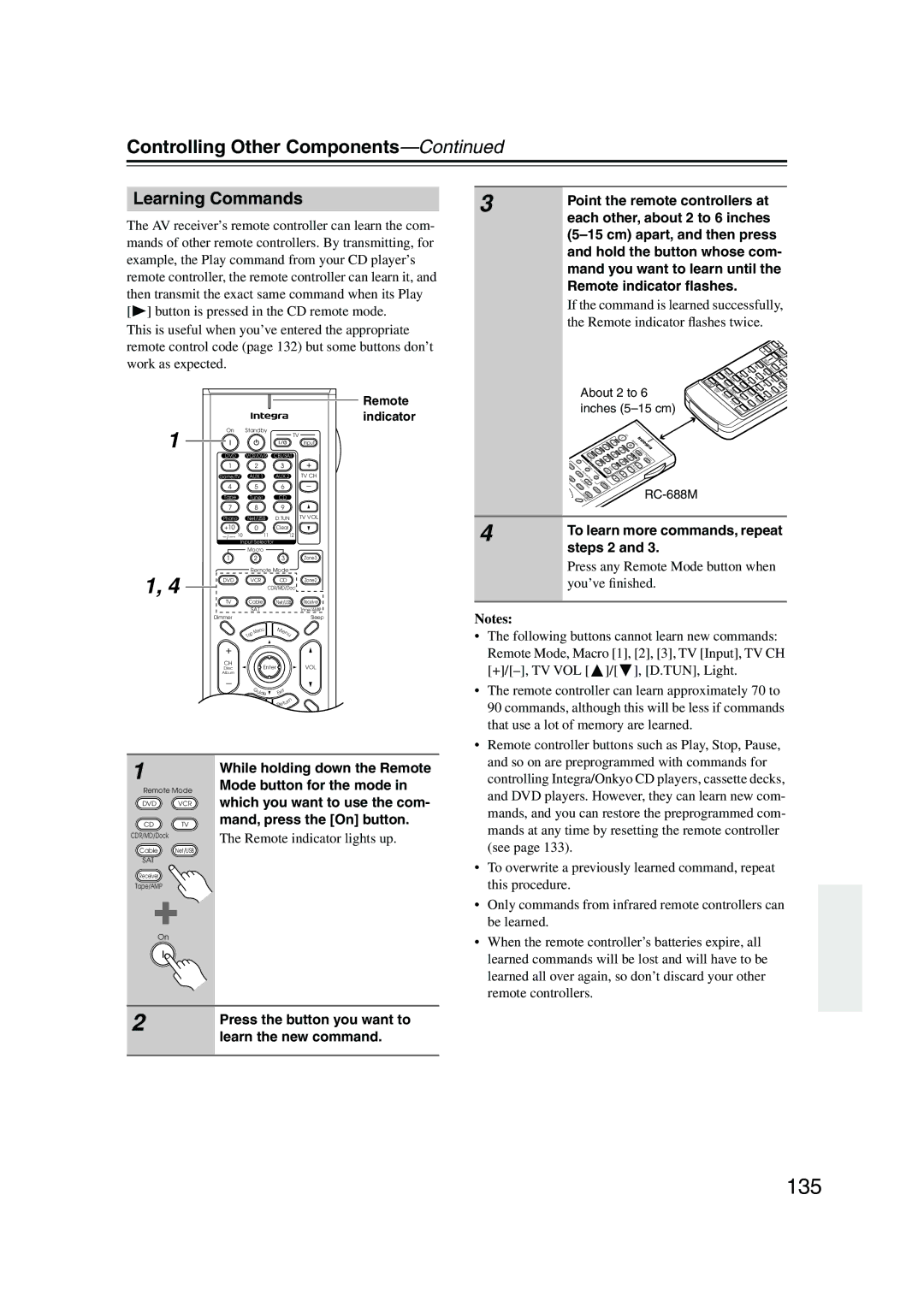 Integra DTR-8.8 instruction manual 135, Learning Commands, Steps 2, Press the button you want to, Learn the new command 