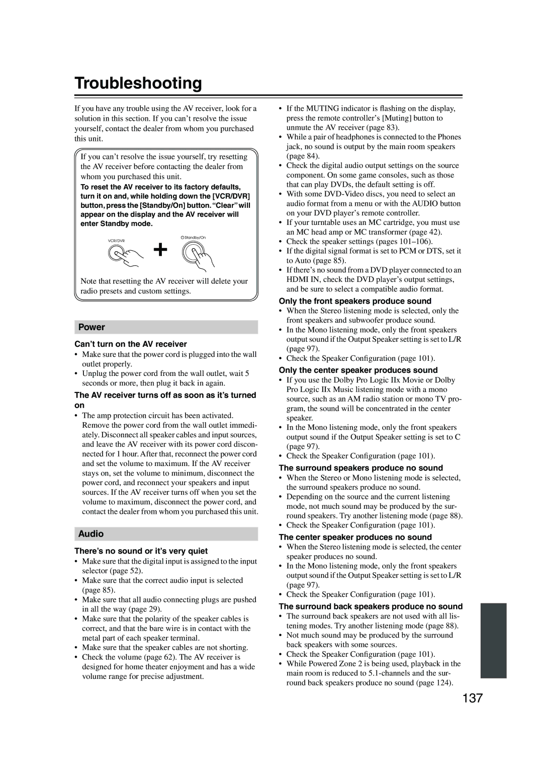 Integra DTR-8.8 instruction manual Troubleshooting, 137 