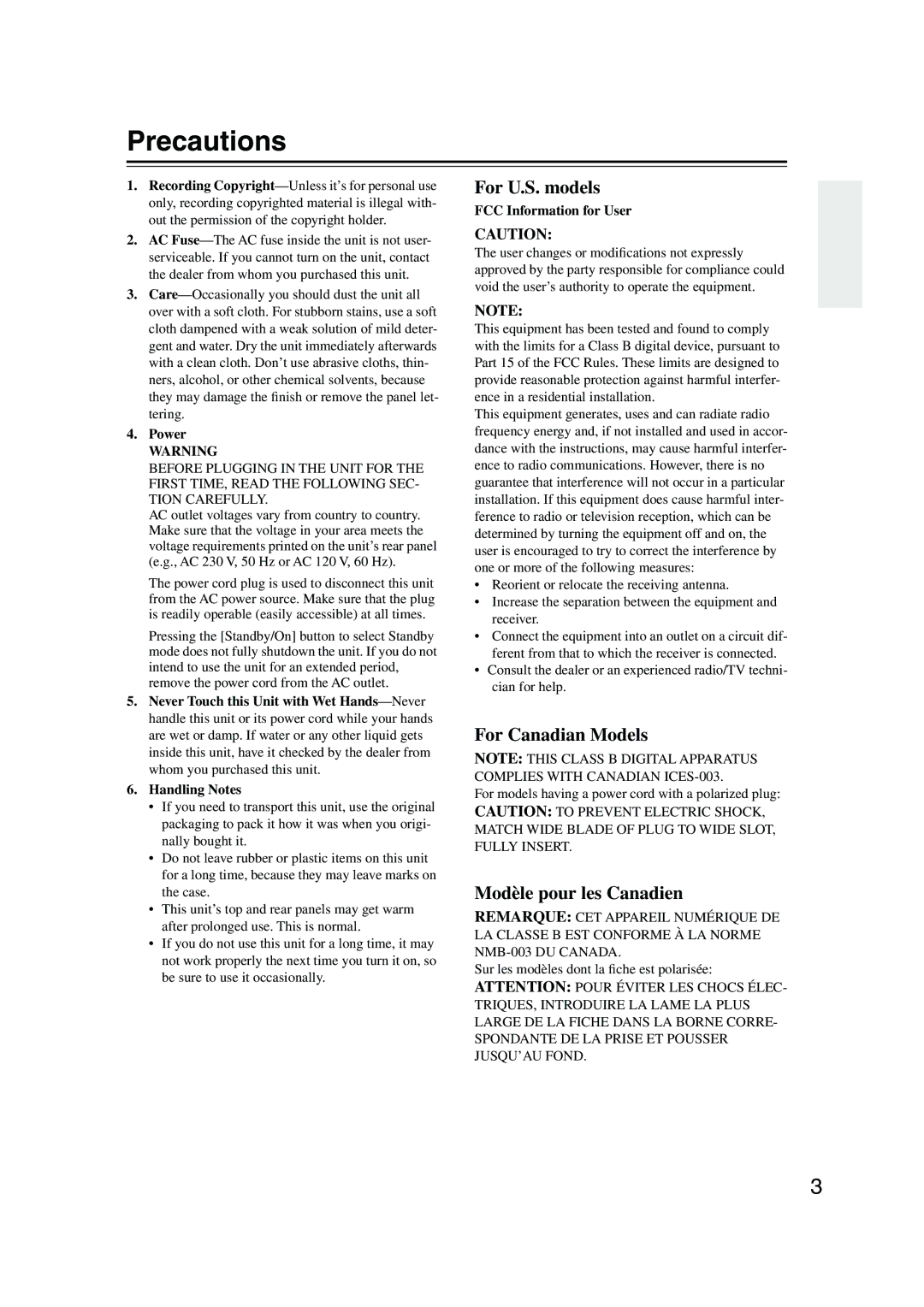 Integra DTR-8.8 Precautions, Power, FCC Information for User, For models having a power cord with a polarized plug 