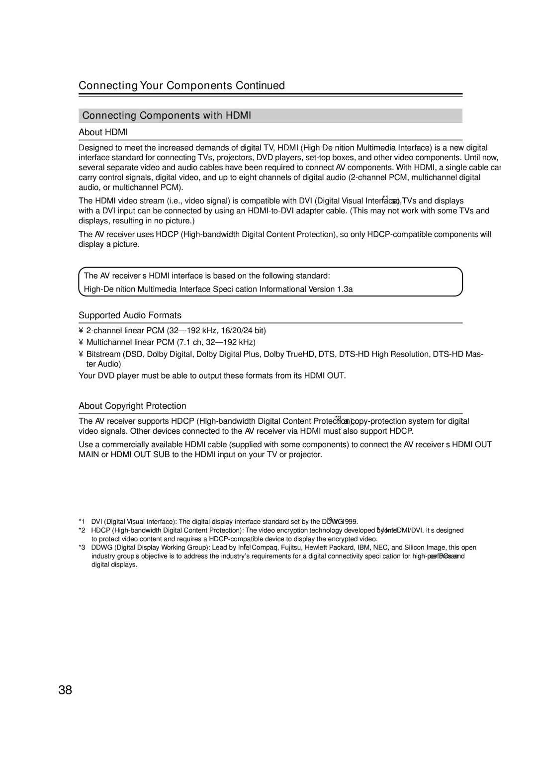 Integra DTR-8.8 Connecting Components with Hdmi, About Hdmi, Supported Audio Formats, About Copyright Protection 