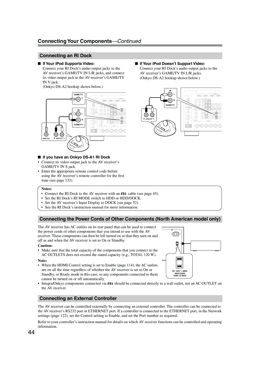 Integra DTR-8.8 Connecting an RI Dock, Connecting an External Controller, If you have an Onkyo DS-A1 RI Dock 