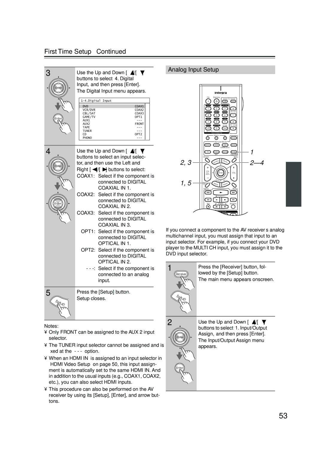 Integra DTR-8.8 instruction manual Analog Input Setup, Digital Input menu appears 