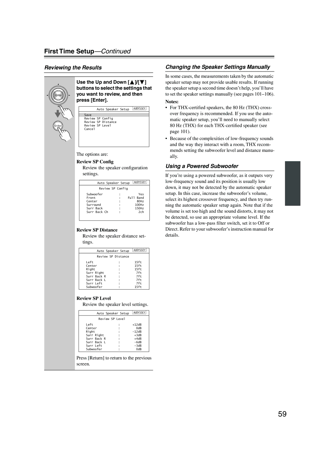 Integra DTR-8.8 instruction manual Reviewing the Results, Changing the Speaker Settings Manually, Using a Powered Subwoofer 