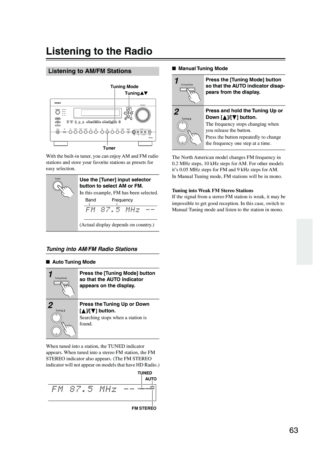 Integra DTR-8.8 instruction manual Listening to the Radio, Listening to AM/FM Stations, Tuning into AM/FM Radio Stations 