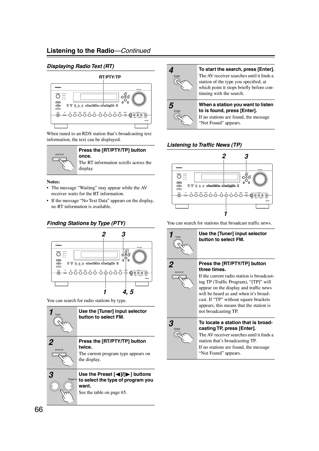 Integra DTR-8.8 instruction manual Displaying Radio Text RT, Finding Stations by Type PTY, Listening to Trafﬁc News TP 