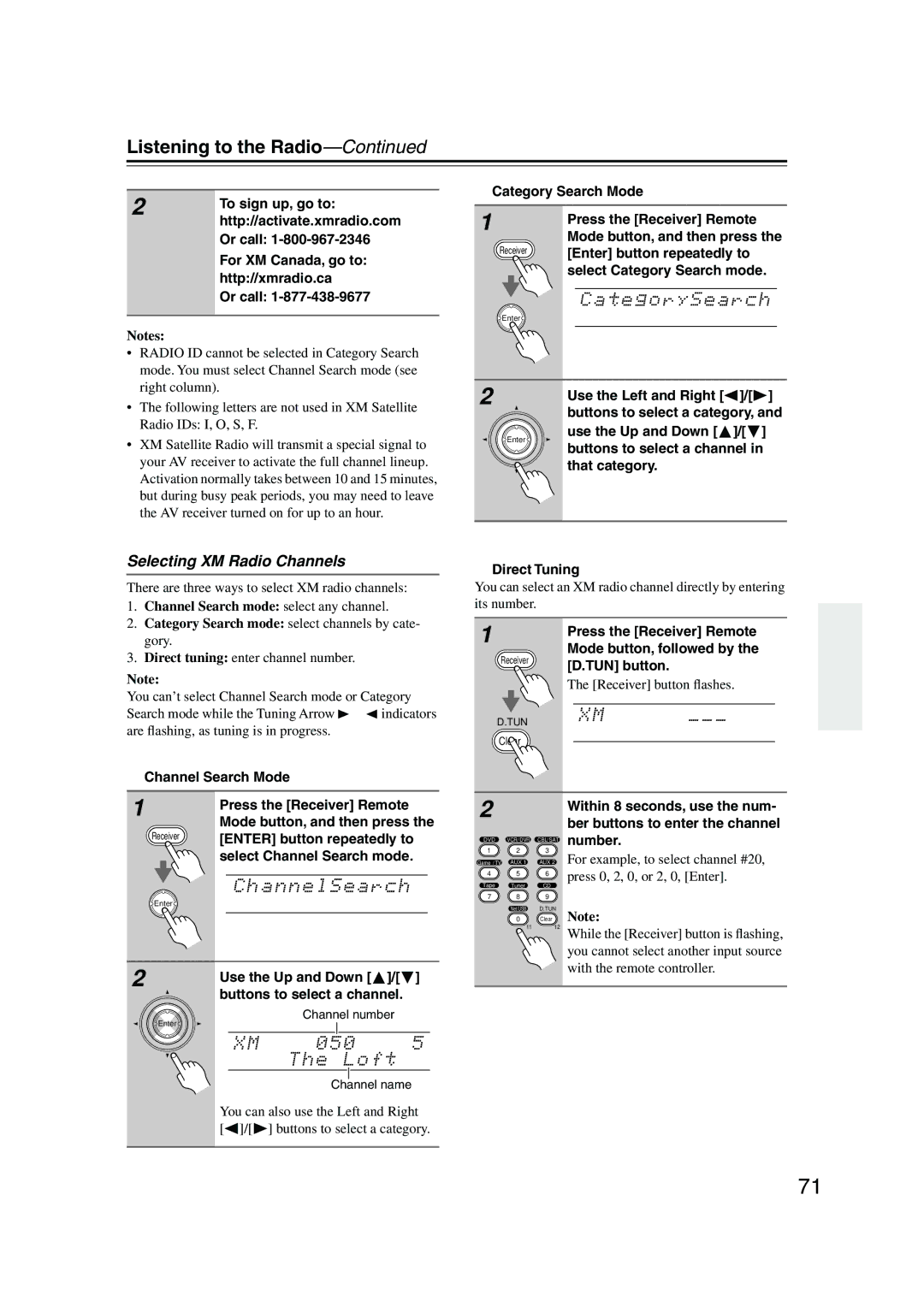 Integra DTR-8.8 instruction manual Selecting XM Radio Channels, Buttons to select a channel in that category, Number 