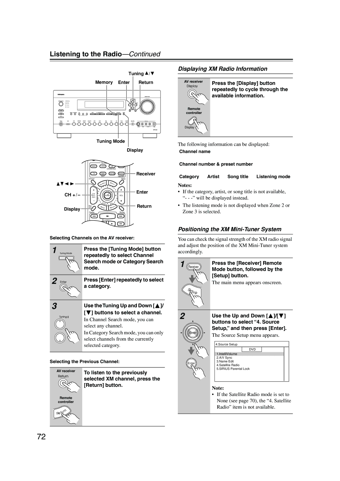 Integra DTR-8.8 instruction manual Displaying XM Radio Information, Positioning the XM Mini-Tuner System 