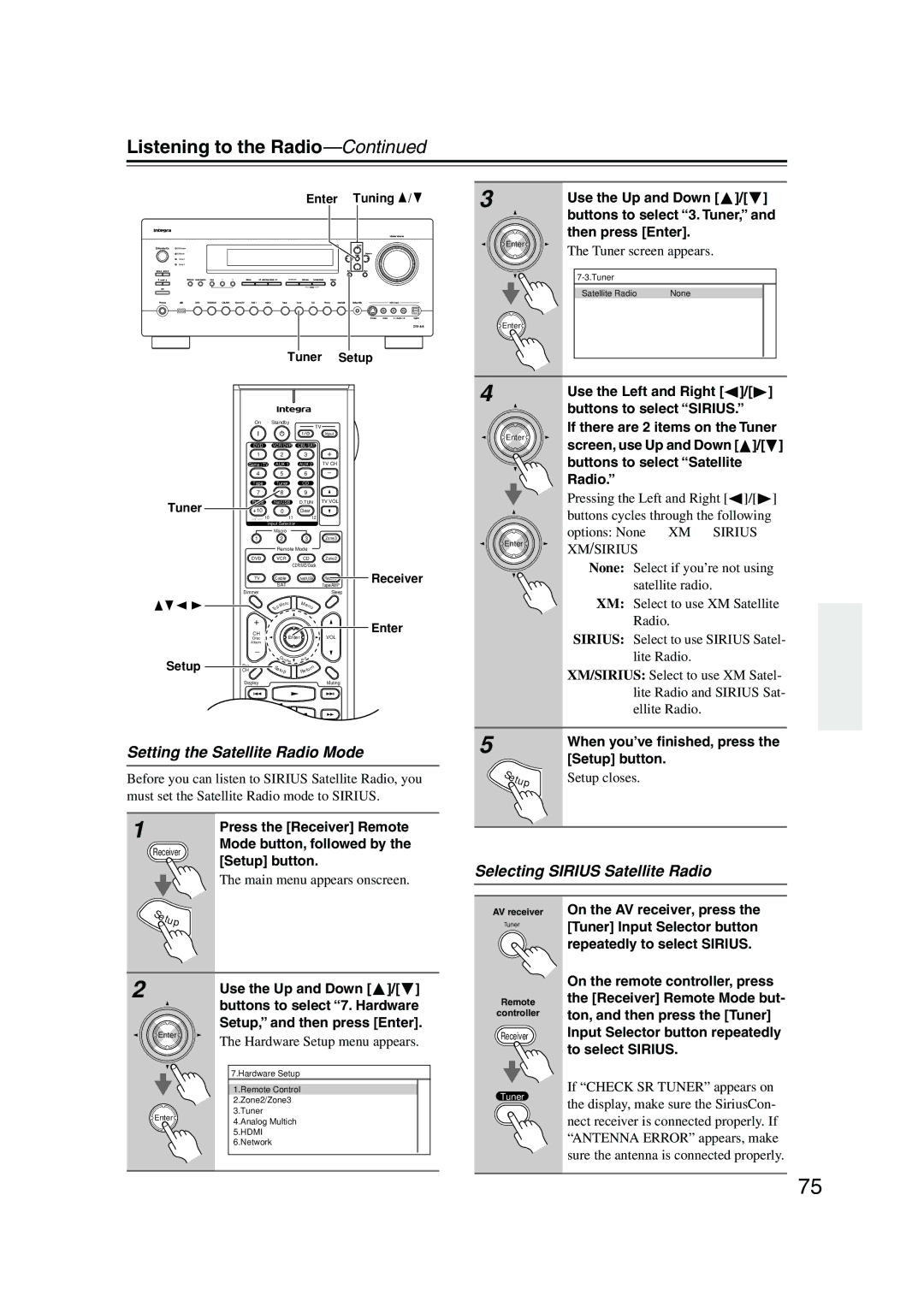 Integra DTR-8.8 instruction manual Selecting Sirius Satellite Radio 