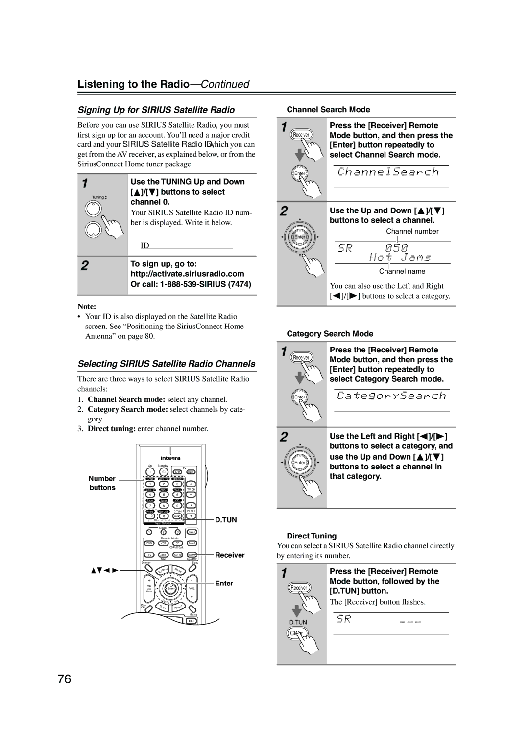 Integra DTR-8.8 instruction manual Signing Up for Sirius Satellite Radio, Selecting Sirius Satellite Radio Channels 