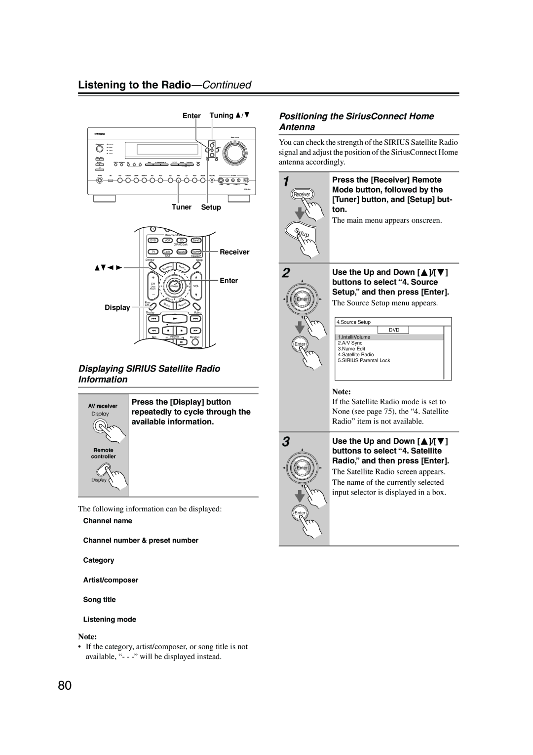 Integra DTR-8.8 Positioning the SiriusConnect Home Antenna, Displaying Sirius Satellite Radio Information 