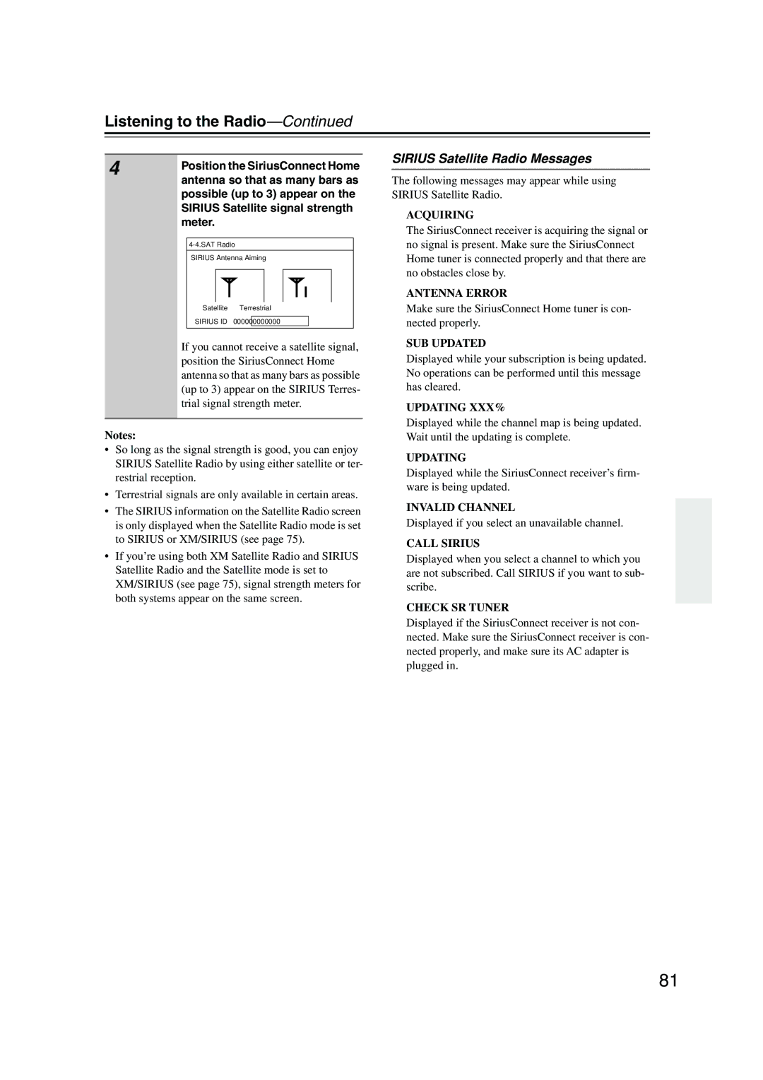 Integra DTR-8.8 Sirius Satellite Radio Messages, Position the SiriusConnect Home, Sirius Satellite signal strength 