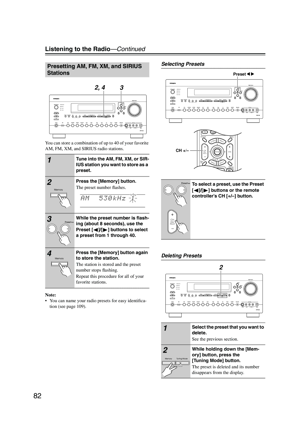 Integra DTR-8.8 instruction manual Presetting AM, FM, XM, and Sirius Stations, Selecting Presets, Deleting Presets 