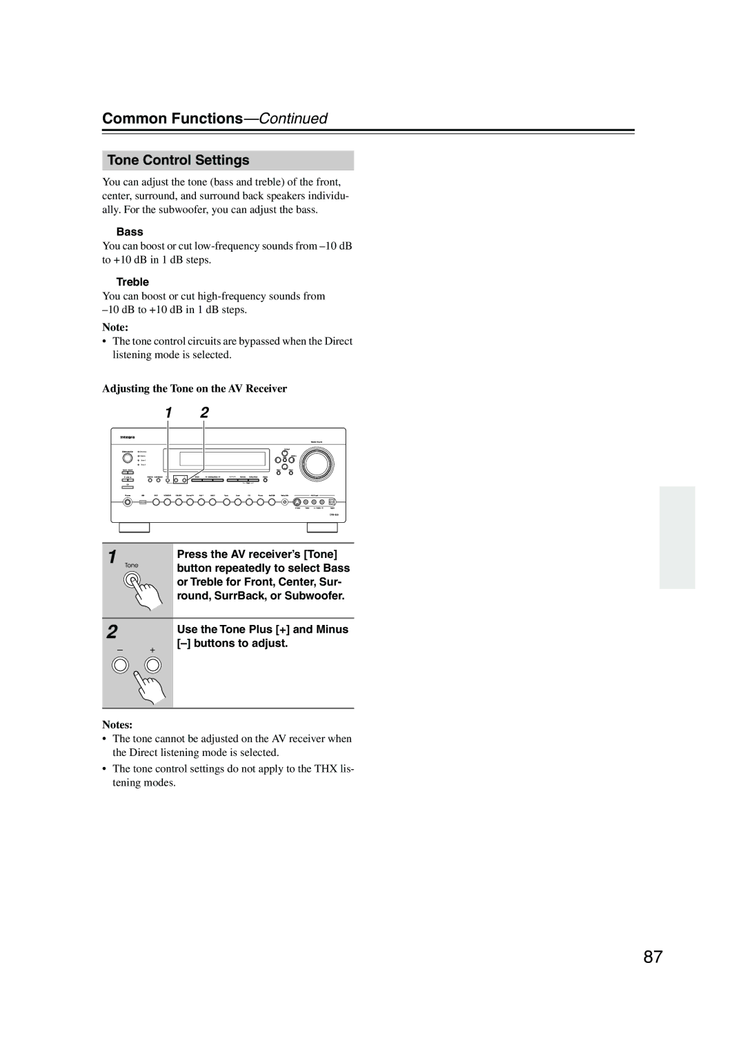 Integra DTR-8.8 instruction manual Tone Control Settings, Bass, Treble, Adjusting the Tone on the AV Receiver 